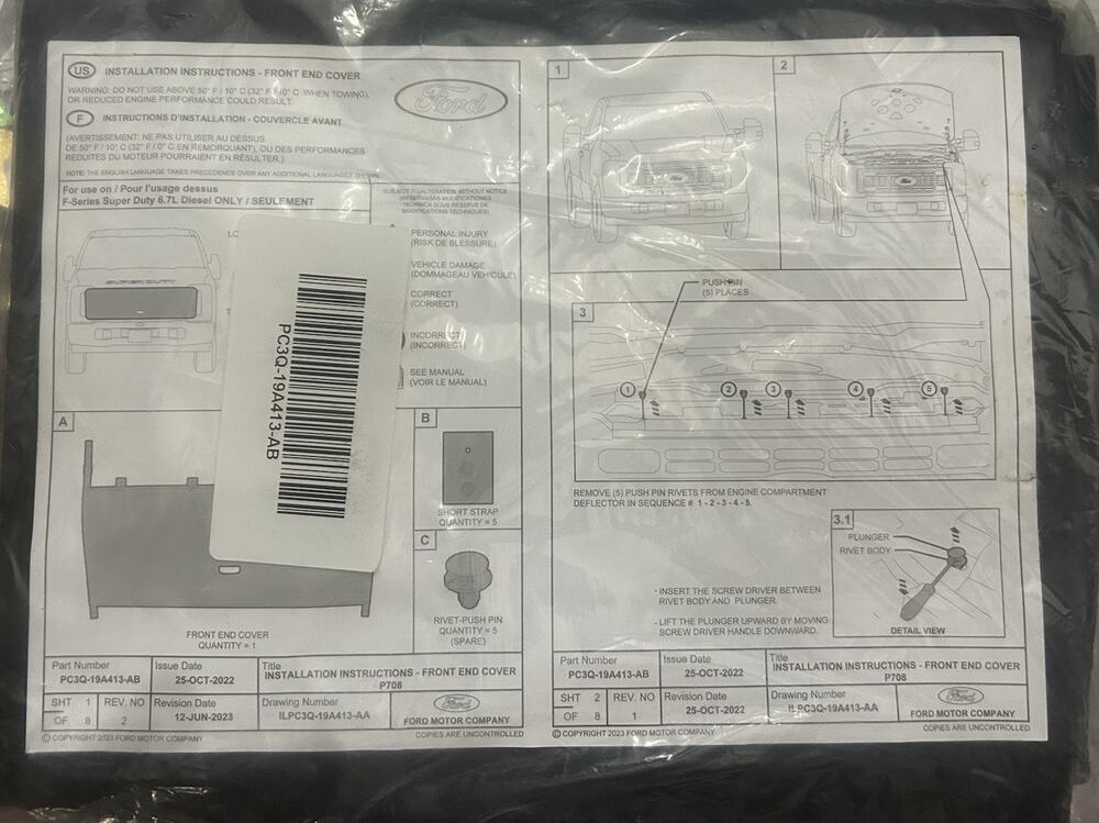 2023 -24 Ford Grill Cover Super Duty Winter COVER Black New OEM PC3Q 19A413 AB